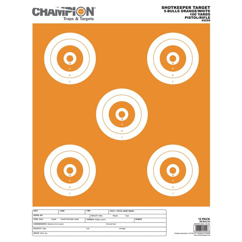 Champion Targets 45559 Shot Keeper 5 Bullseye 100 Yard Pistol/Rifle Targets, Orange/White, Large, 12 Pack