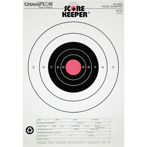 Champion Targets 45723 Score Keeper Fluorescent Orange & Black Bullseye Target, 25 Yard Pistol Slow Fire, 12 Pack