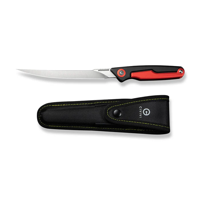 Shawka Folding Fillet Knife Black And Red Aluminum Handle (5.81"" Satin Finished 14C28N Blade) C22029B-1, With 1PC Black Nylon Sheath