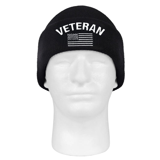 Veteran With US Flag Fine Knit Watch Cap - Black