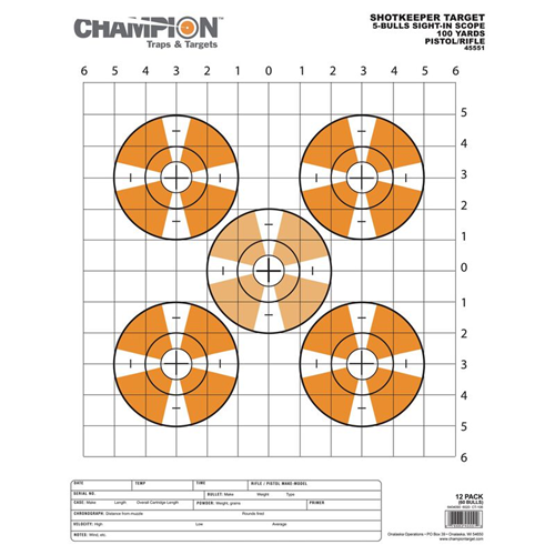 Champion Targets 45551 Shot Keeper 5 Bullseye Sight-In 100 Yard Pistol/Rifle Targets, Orange, Large, 12 Pack