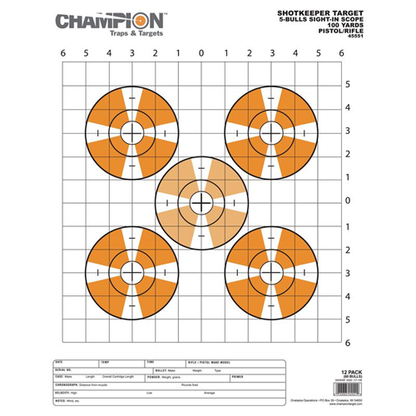 Champion Targets 45551 Shot Keeper 5 Bullseye Sight-In 100 Yard Pistol/Rifle Targets, Orange, Large, 12 Pack