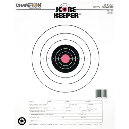Champion Targets 45724 Score Keeper Fluorescent Orange & Black Bullseye Target, 50 Foot Pistol Slow Fire, 12 Pack