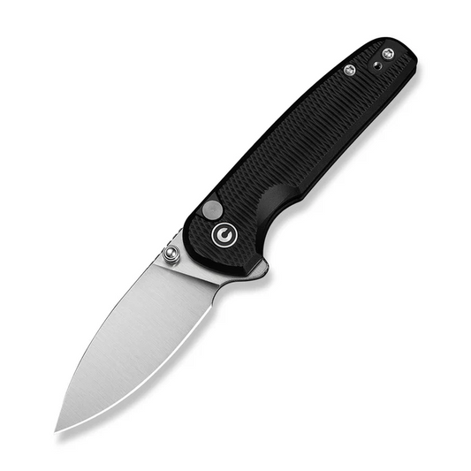 Mini Shakan Flipper & Thumb Stud & Button Lock Knife Ripple Patterned Black Aluminum Handle (2.48"" Satin Finished Nitro-V Blade)