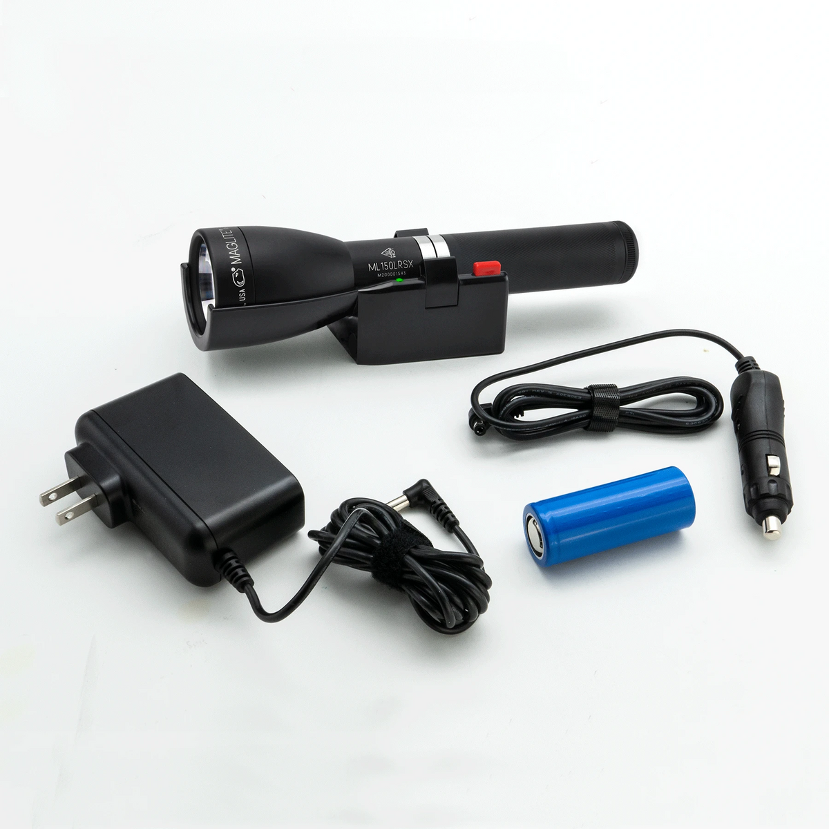 ML150LRSX Flashlight, LiFePO4 Battery, Charging Cradle, 12v Car Adapter, 230V Converter