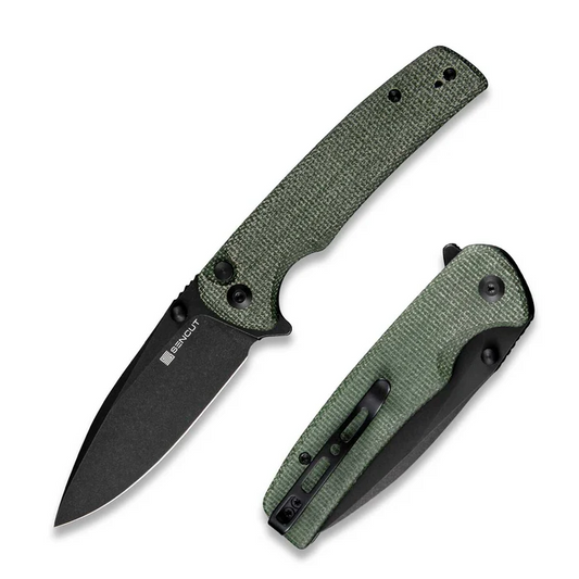 Sachse Flipper/Thumb Stud Folding Knife 3.47" Black 9Cr18MoV Drop Point Plain Edge Blade, Green Micarta Handle