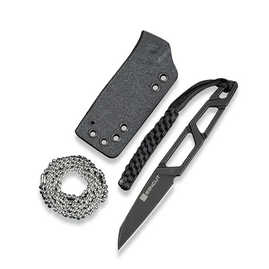 TEXO Fixed Blade Neck Knife 1.97" Black 9Cr18MoV Reverse Tanto Plain Edge Blade, Skeletonized Handle & Kydex Sheath