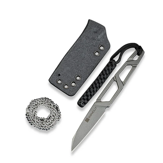 TEXO Fixed Blade Neck Knife 1.97" Stonewash 9Cr18MoV Reverse Tanto Plain Edge Blade, Skeletonized Handle & Kydex Sheath