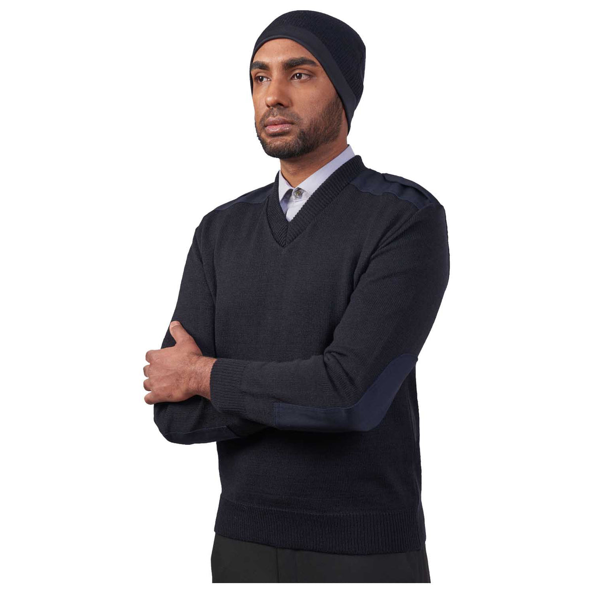 Cobmex Unisex V-Neck "Military" Sweater with VELCRO Epaulets, Shoulder & Elbow Patches