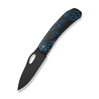 WEKNIFE Inmate Front Flipper & Thumb Hole Knife Black Titanium Handle With Blue Raindrops (3.7"" Black Stonewashed CPM 20CV Blade)