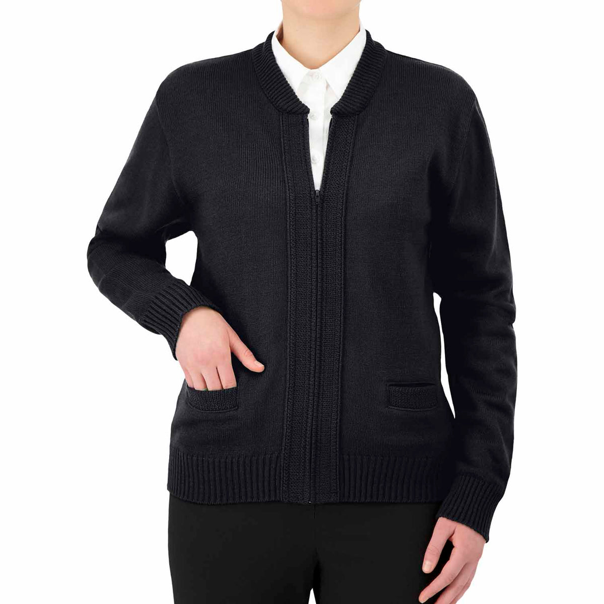 Cobmex Unisex Crew Neck Zip Front Cardigan with Seed Stitch Placket & Pockets, Reinforced Elbows, Ribbed Waistband & Cuffs