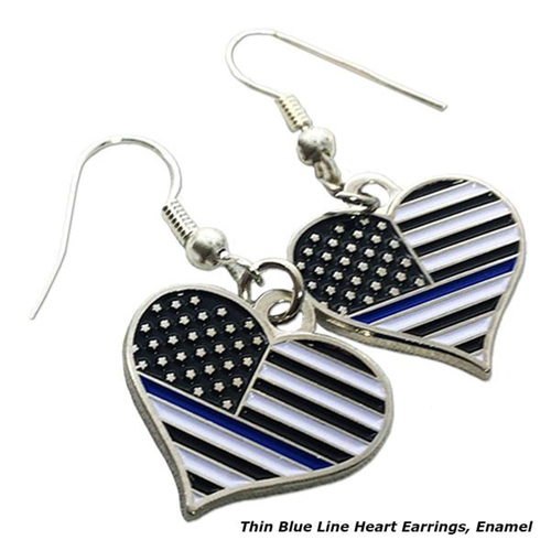 Thin Blue Line Heart Earrings, Rhinestone